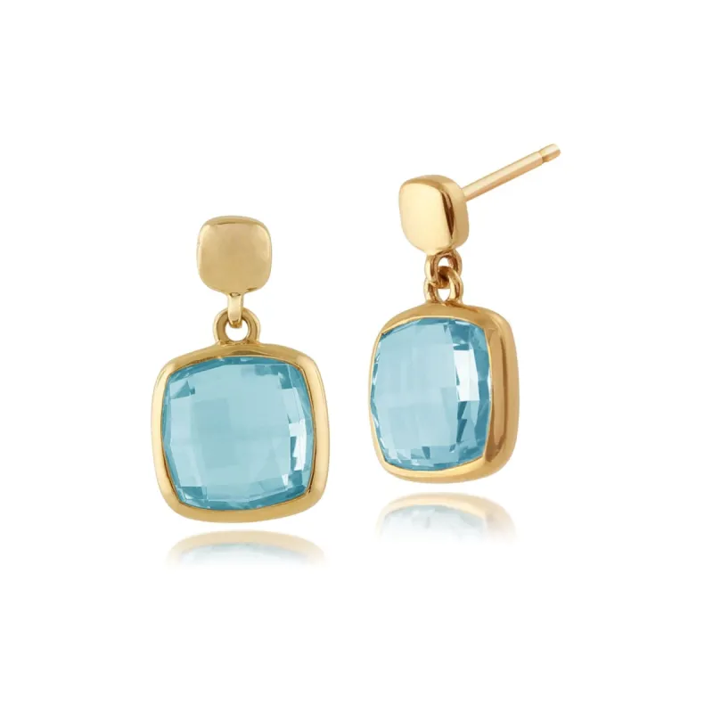 Square Blue Checkerboard Topaz 9ct Yellow Gold Drop Earrings sold by Gemondo Jewellery