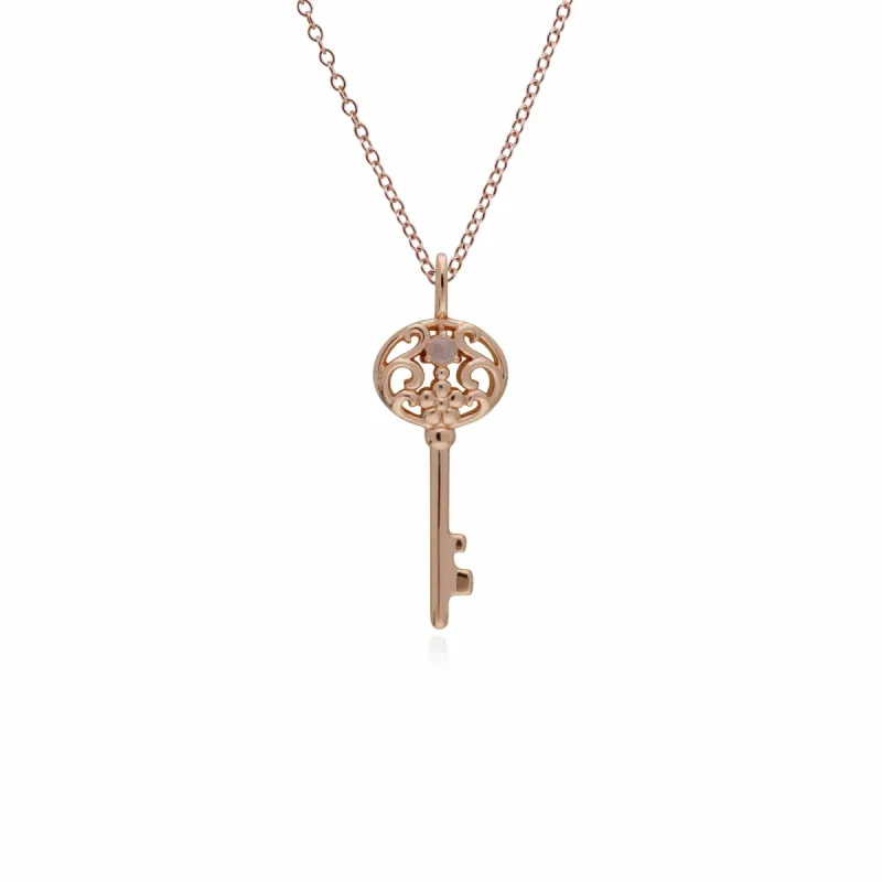 Rose Gold Plated Sterling Silver Rainbow Moonstone Big Key Charm sold by Gemondo Jewellery