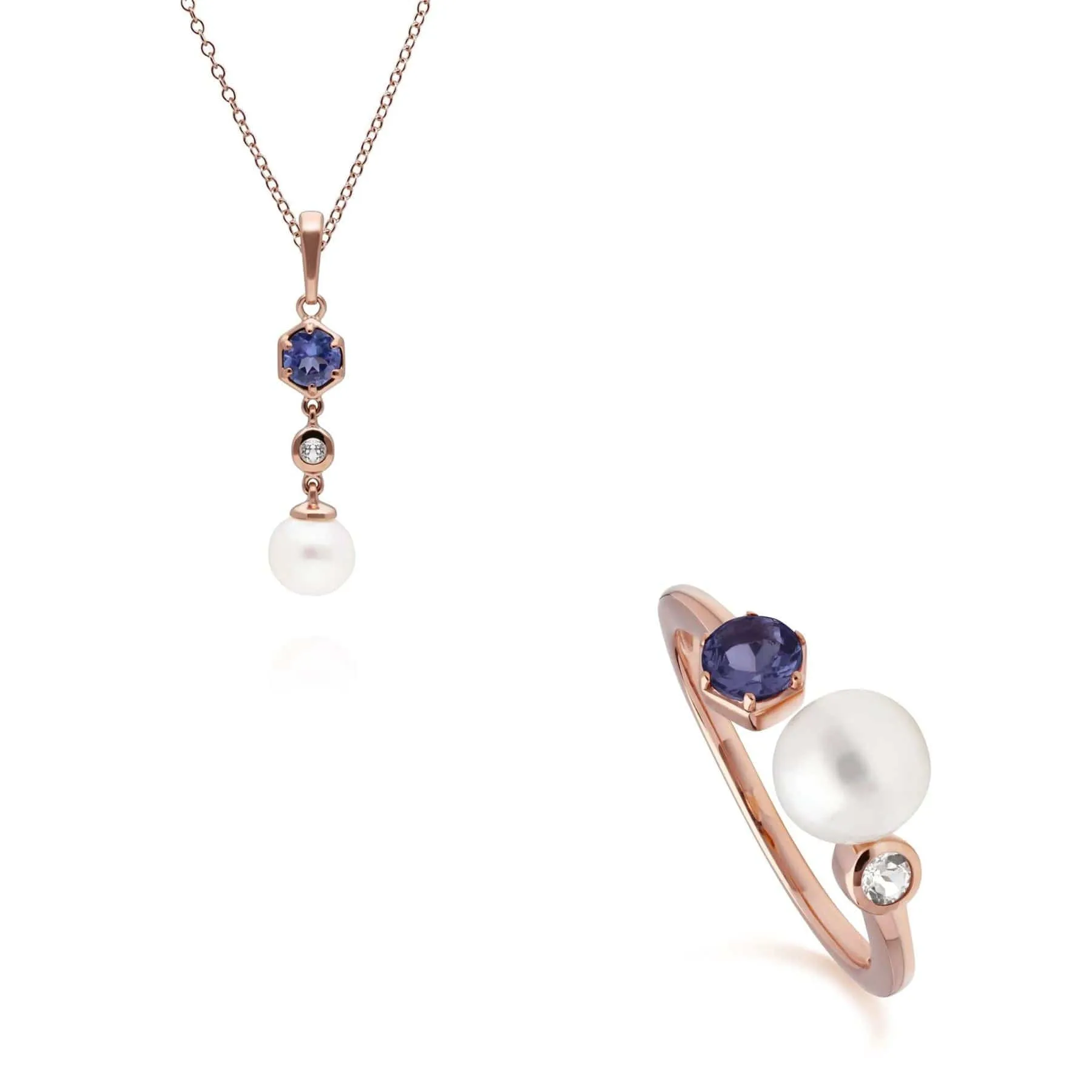 Modern Pearl, Tanzanite & Topaz Pendant & Ring Set in Rose Gold Plated Silver sold by Gemondo Jewellery