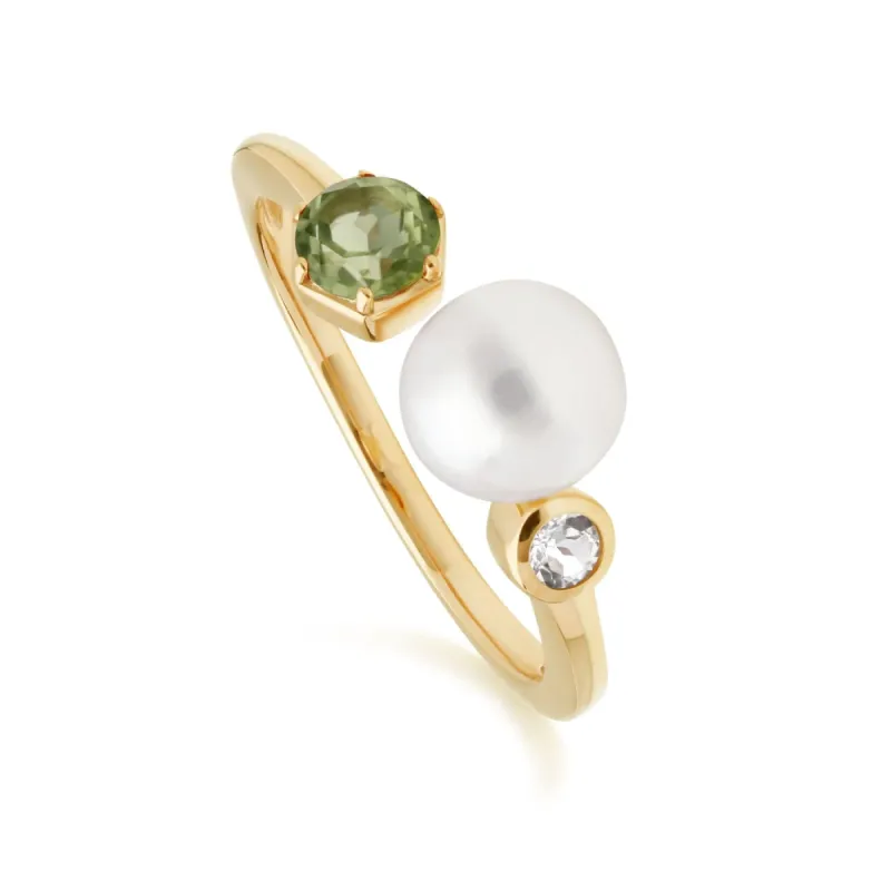 Modern Pearl, Peridot & Topaz Open Ring in Gold Plated Silver sold by Gemondo Jewellery