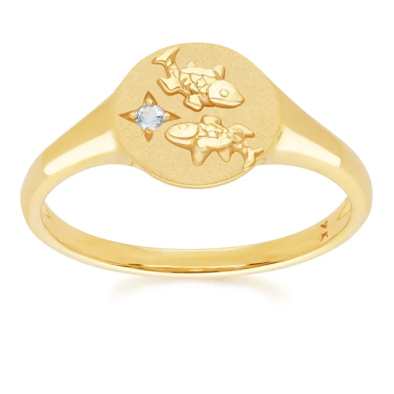 Zodiac Aquamarine Pisces Signet Ring In 9ct Yellow Gold sold by Gemondo Jewellery