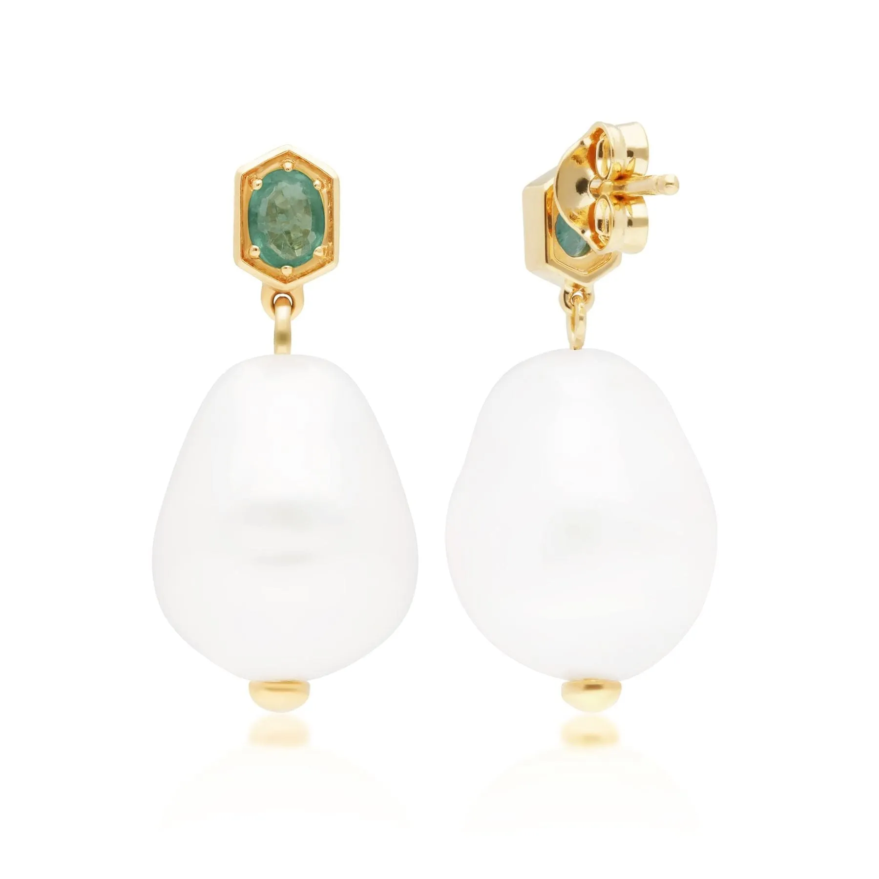 Modern Baroque Pearl & Emerald Drop Earrings in Gold Plated Silver sold by Gemondo Jewellery product image thumbnail 4