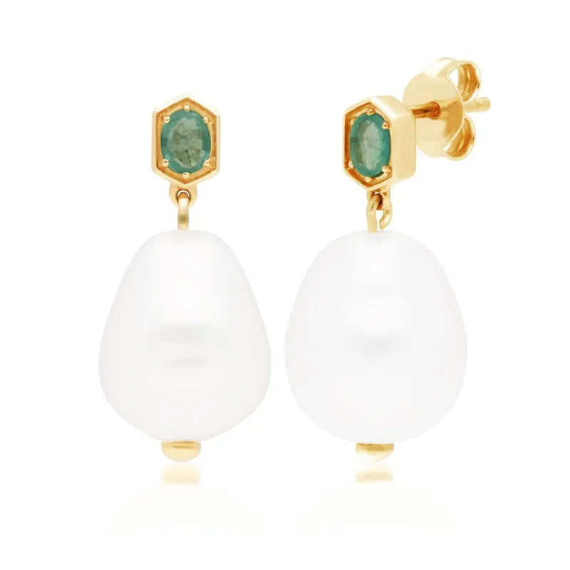 Modern Baroque Pearl & Emerald Drop Earrings in Gold Plated Silver sold by Gemondo Jewellery
