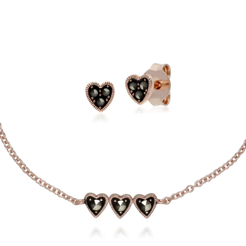 Rose Gold Plated Marcasite Heart Stud Earrings & Triple Heart Bracelet Set in 925 Sterling Silver sold by Gemondo Jewellery