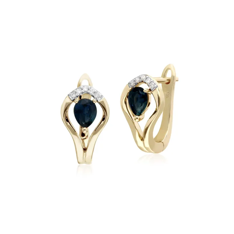 Classic Sapphire & Diamond Leaf Halo Earrings in 9ct Yellow Gold sold by Gemondo Jewellery