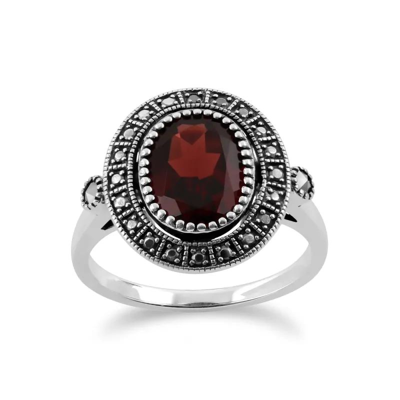 Art Deco Style Oval Garnet & Marcasite Statement Cocktail Ring in 925 Sterling Silver sold by Gemondo Jewellery