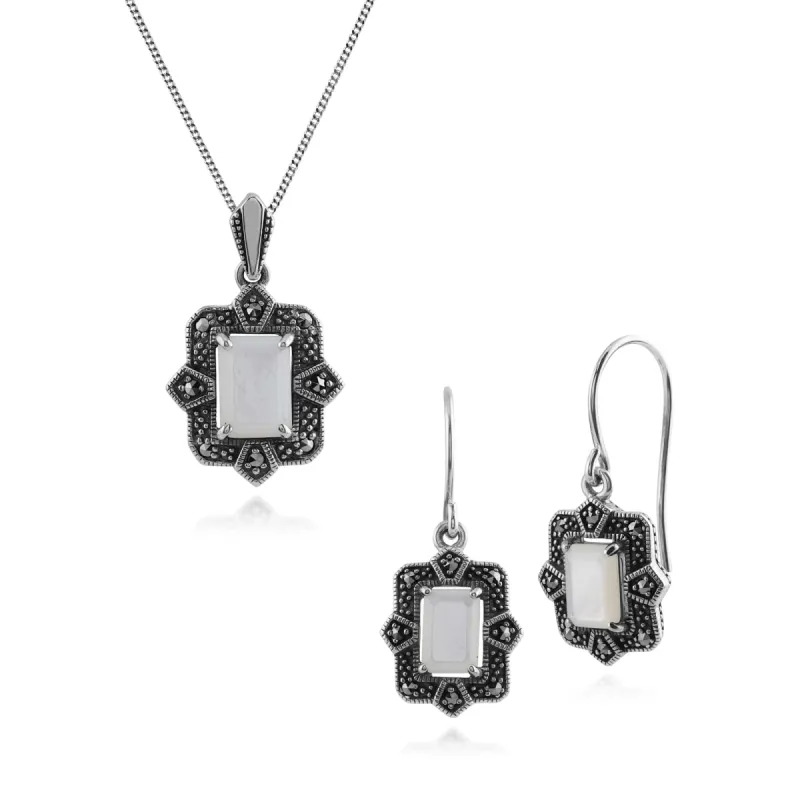 Art Deco Style Baguette Mother of Pearl & Marcasite Framed Drop Earrings & Pendant Set in 925 Sterling Silver sold by Gemondo Jewellery