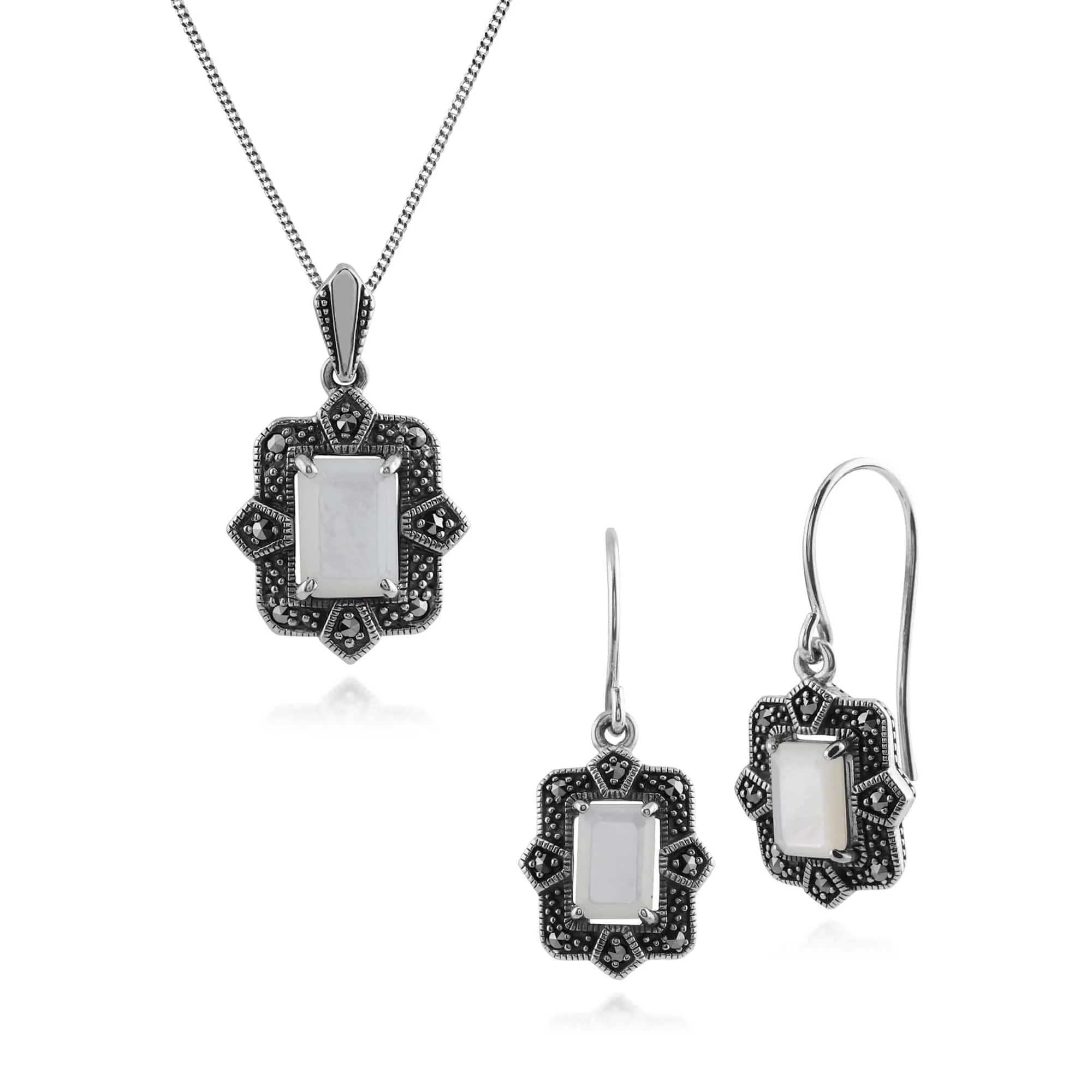 Art Deco Style Baguette Mother of Pearl & Marcasite Framed Drop Earrings & Pendant Set in 925 Sterling Silver sold by Gemondo Jewellery