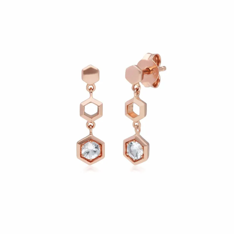 Honeycomb Inspired Clear Sapphire Drop Earrings in 9ct Rose Gold sold by Gemondo Jewellery