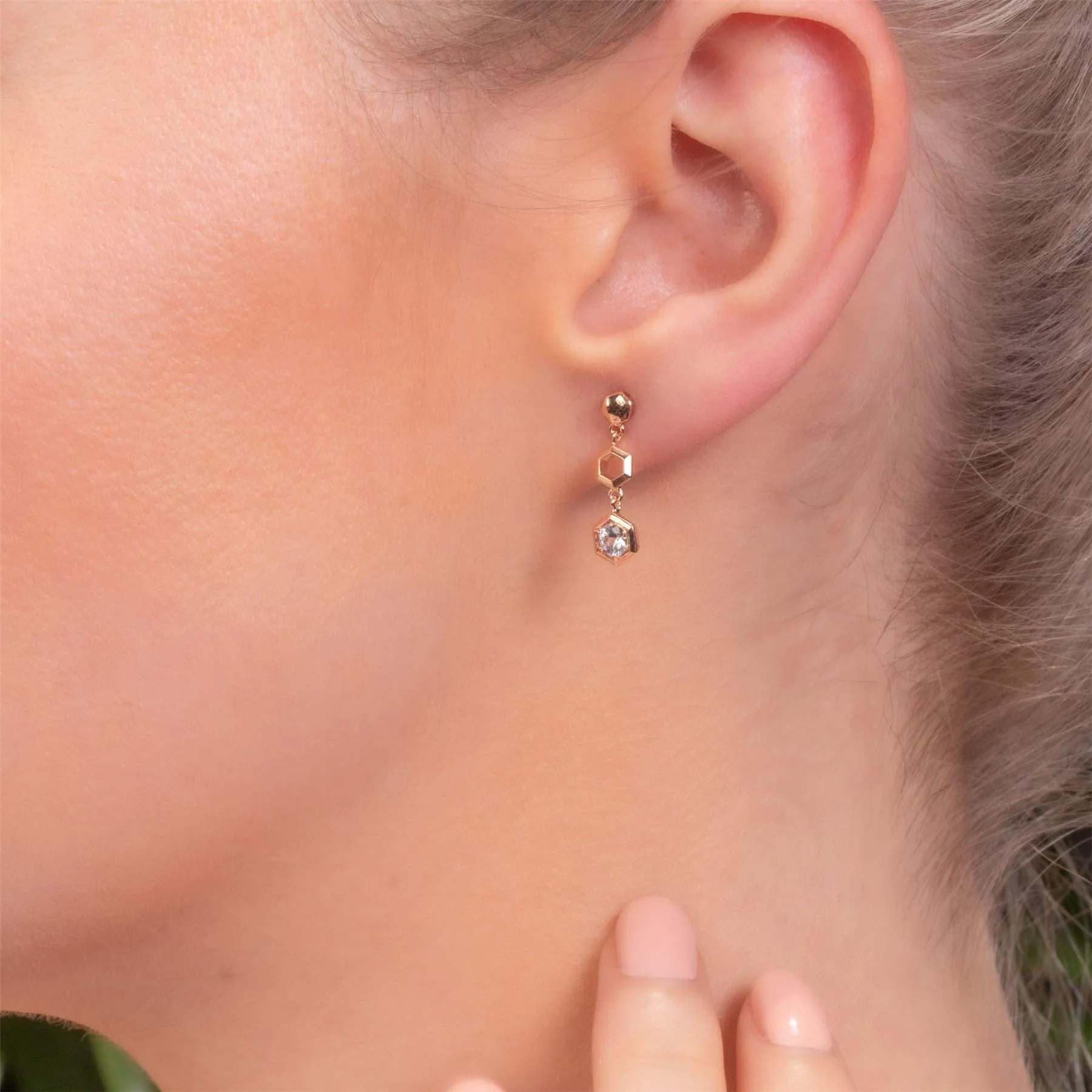 Honeycomb Inspired Clear Sapphire Drop Earrings in 9ct Rose Gold sold by Gemondo Jewellery product image thumbnail 2