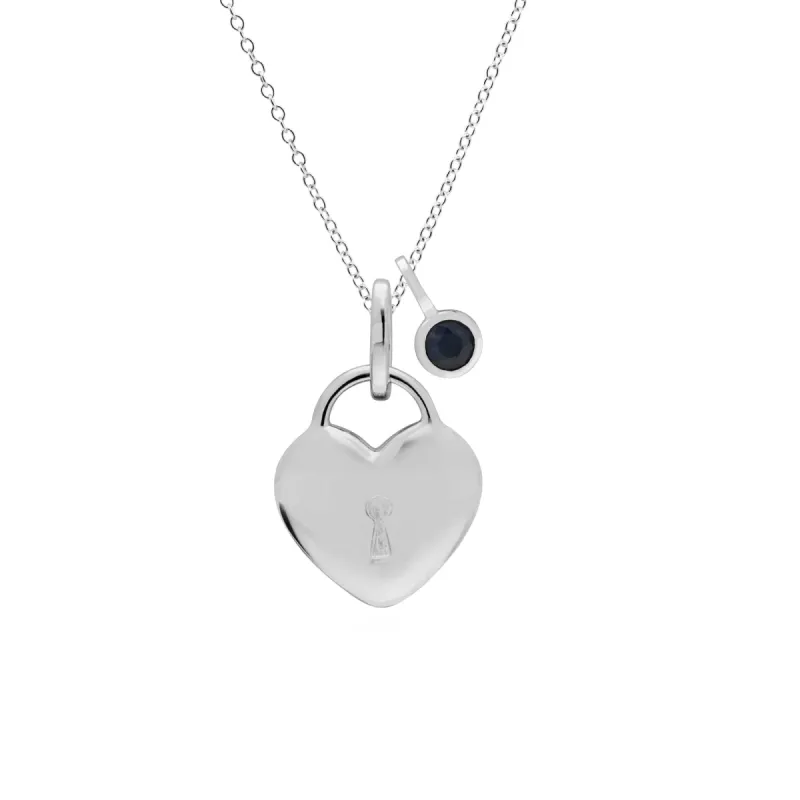 Classic Heart Lock Pendant & Sapphire Charm in 925 Sterling Silver sold by Gemondo Jewellery