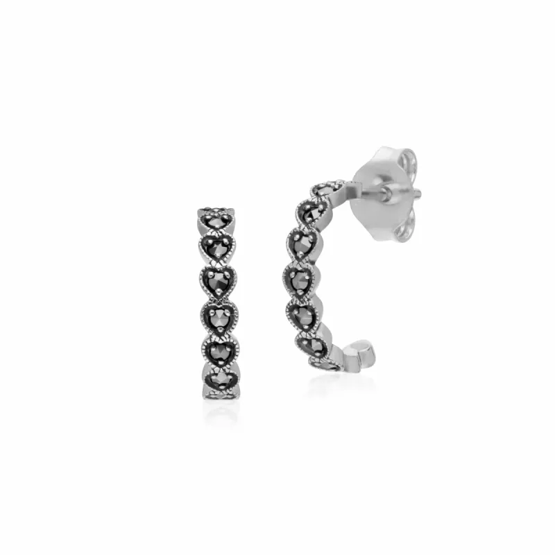 Geometric Heart Marcasite Half Hoop Earrings in 925 Sterling Silver sold by Gemondo Jewellery