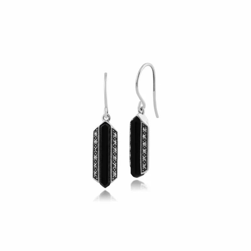 Gemondo 925 Sterling Silver Art Deco Black Onyx & Marcasite Drop Earrings sold by Gemondo Jewellery