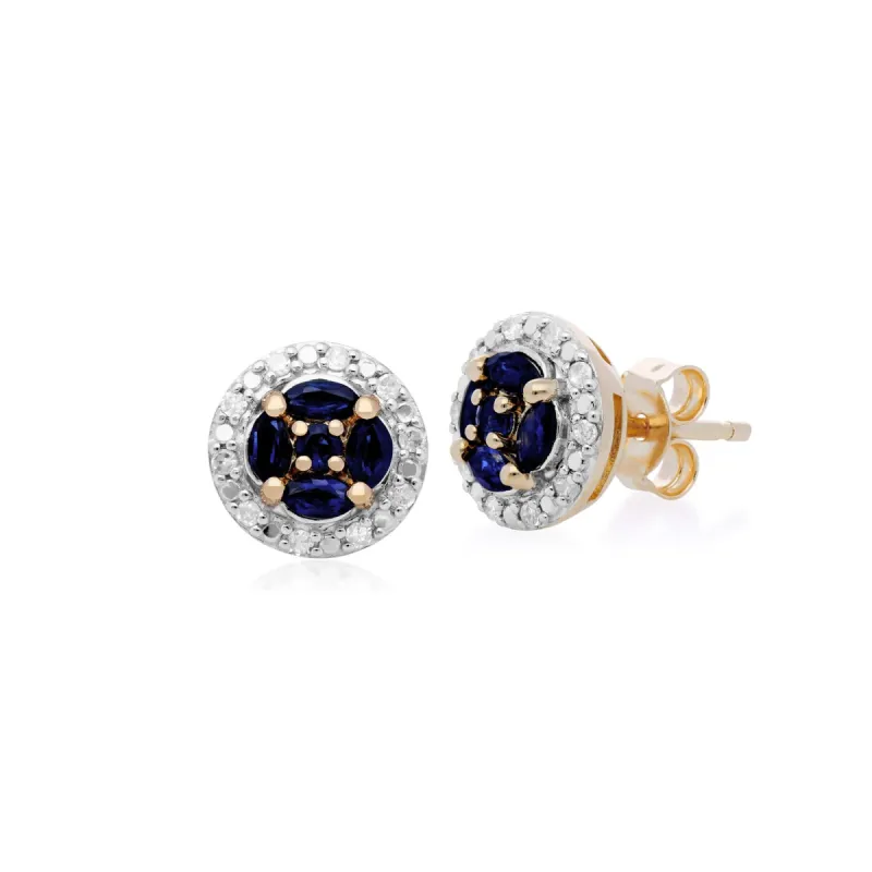 Classic Marquise Sapphire & Diamond Halo Cluster Stud Earrings in 9ct Yellow Gold sold by Gemondo Jewellery