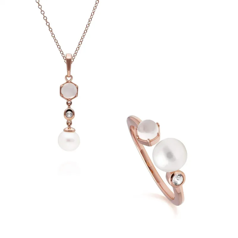 Modern Pearl, Moonstone & Topaz Pendant & Ring Set in Rose Gold Plated Silver sold by Gemondo Jewellery