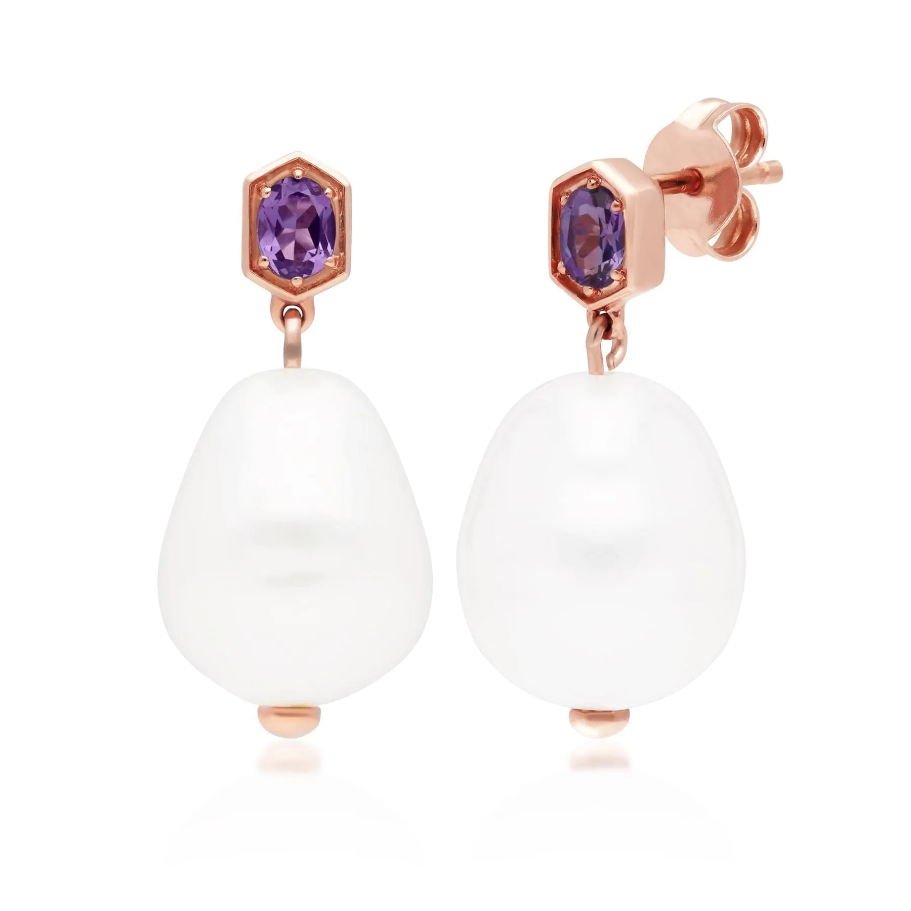 Modern Baroque Pearl & Amethyst Drop Earrings in Rose Gold Plated Silver sold by Gemondo Jewellery