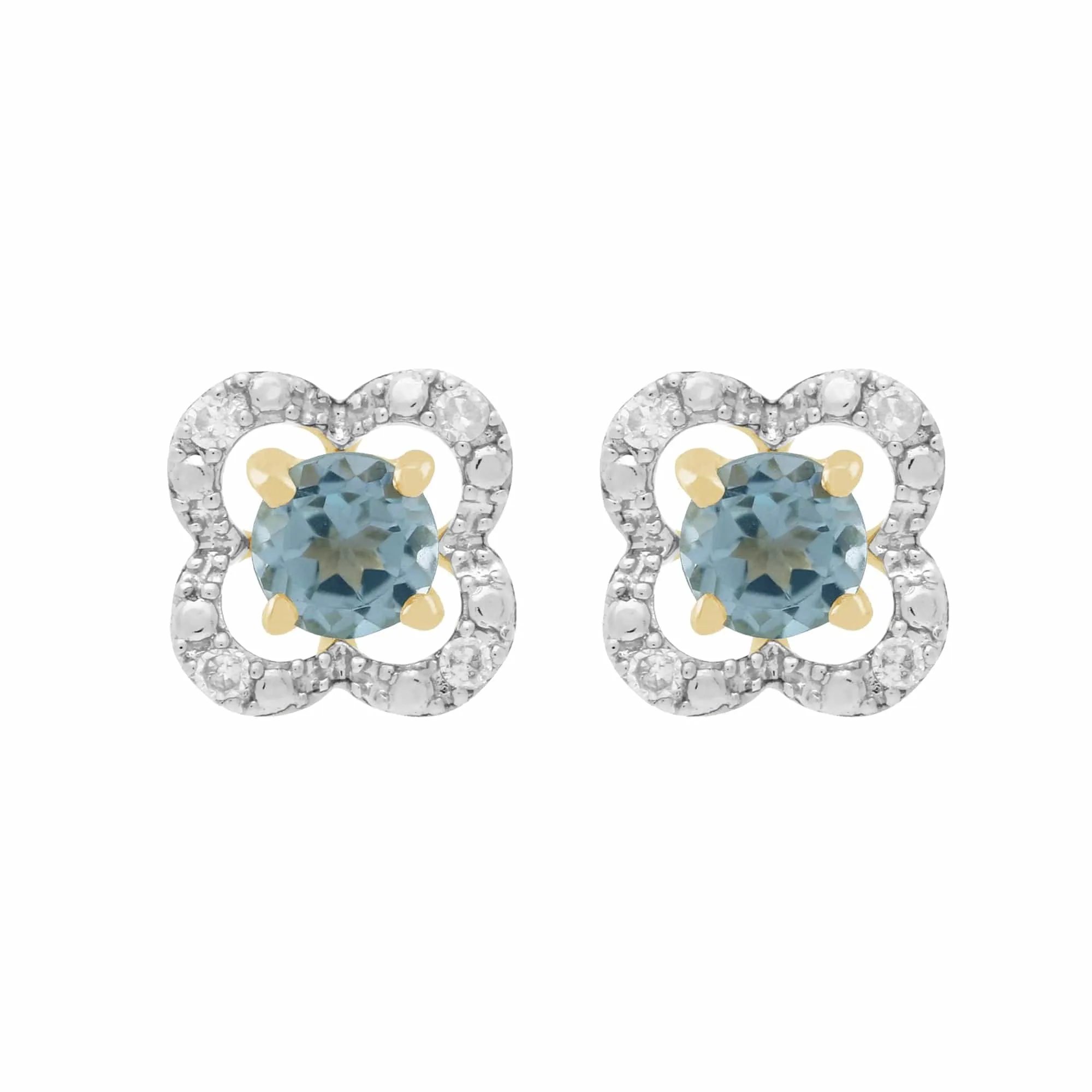 Classic Round Blue Topaz Stud Earrings with Detachable Diamond Floral Ear Jacket in 9ct Yellow Gold sold by Gemondo Jewellery