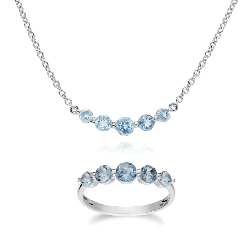 Classic Round Blue Topaz Five Stone Gradient Ring & Necklace Set in 925 Sterling Silver sold by Gemondo Jewellery