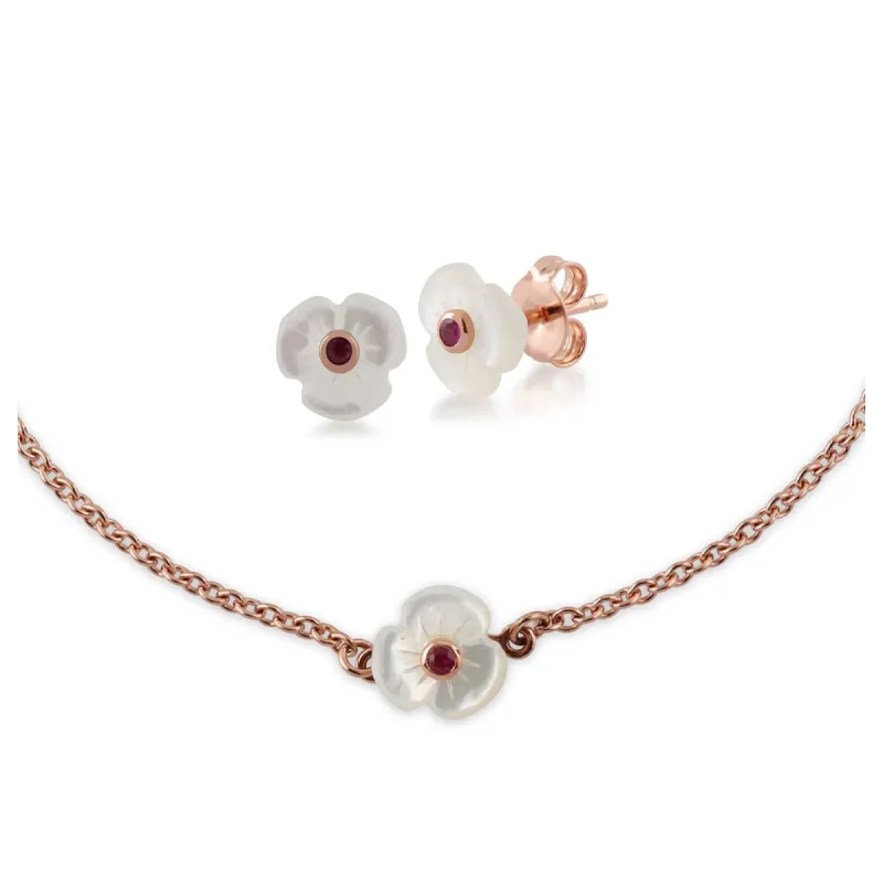 Floral Round Ruby & Mother of Pearl Daisy Stud Earrings & Bracelet Set in Rose Gold Plated 925 Sterling Silver sold by Gemondo Jewellery