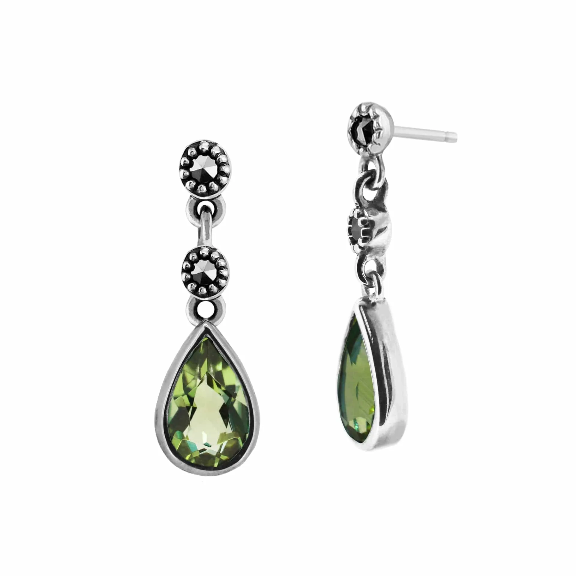 Gemondo Sterling Silver Peridot & Marcasite Three Stone Drop Earrings sold by Gemondo Jewellery