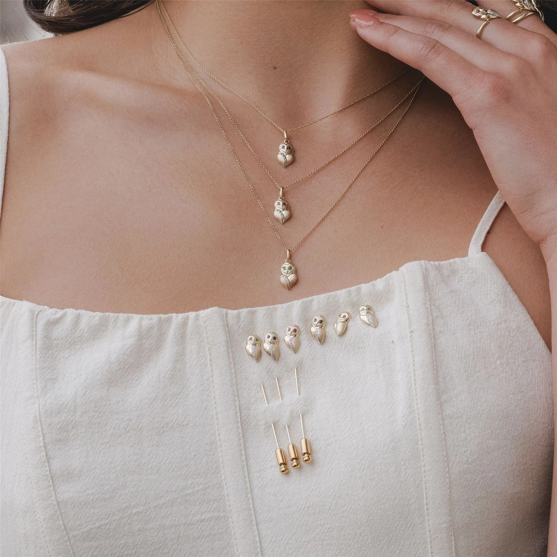 Gardenia Ruby and White Sapphire Owl Lapel Pin in 9ct Yellow Gold sold by Gemondo Jewellery product image thumbnail 2