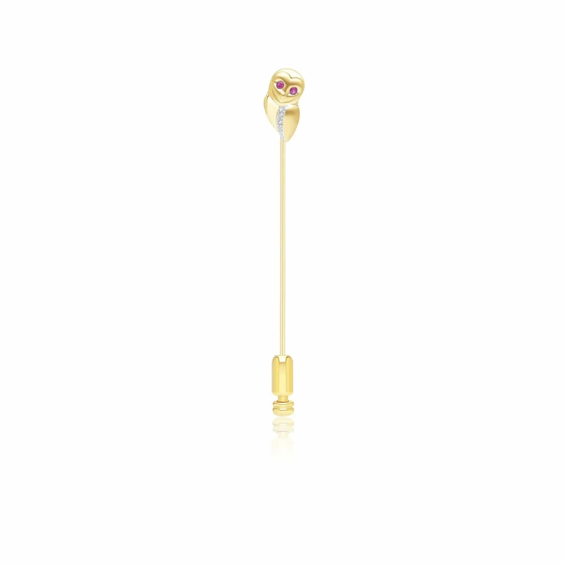 Gardenia Ruby and White Sapphire Owl Lapel Pin in 9ct Yellow Gold sold by Gemondo Jewellery