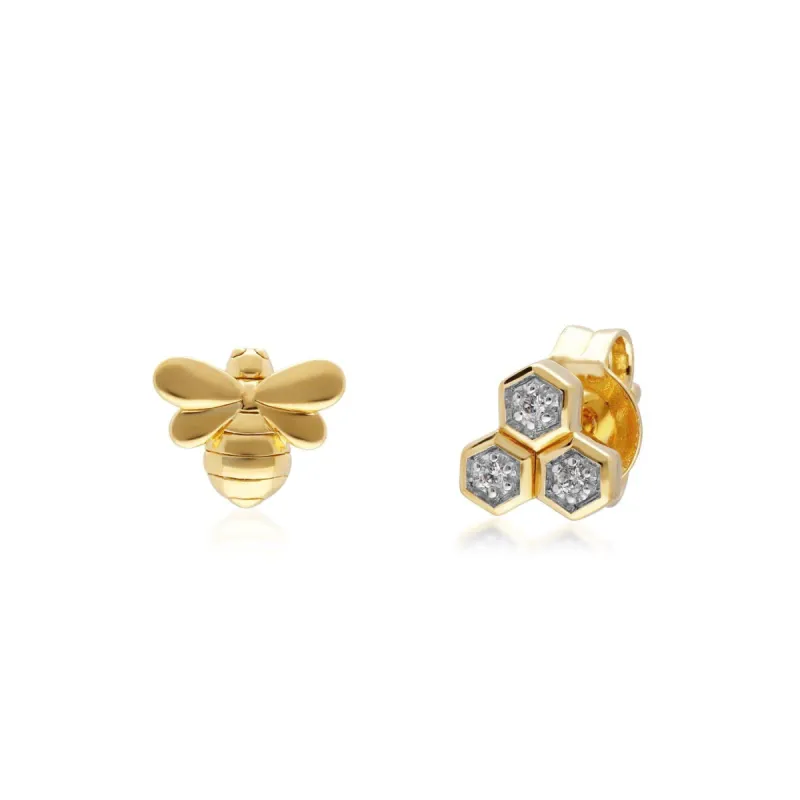 Honeycomb Inspired Mismatched Diamond Bee Earrings in 9ct Yellow Gold sold by Gemondo Jewellery