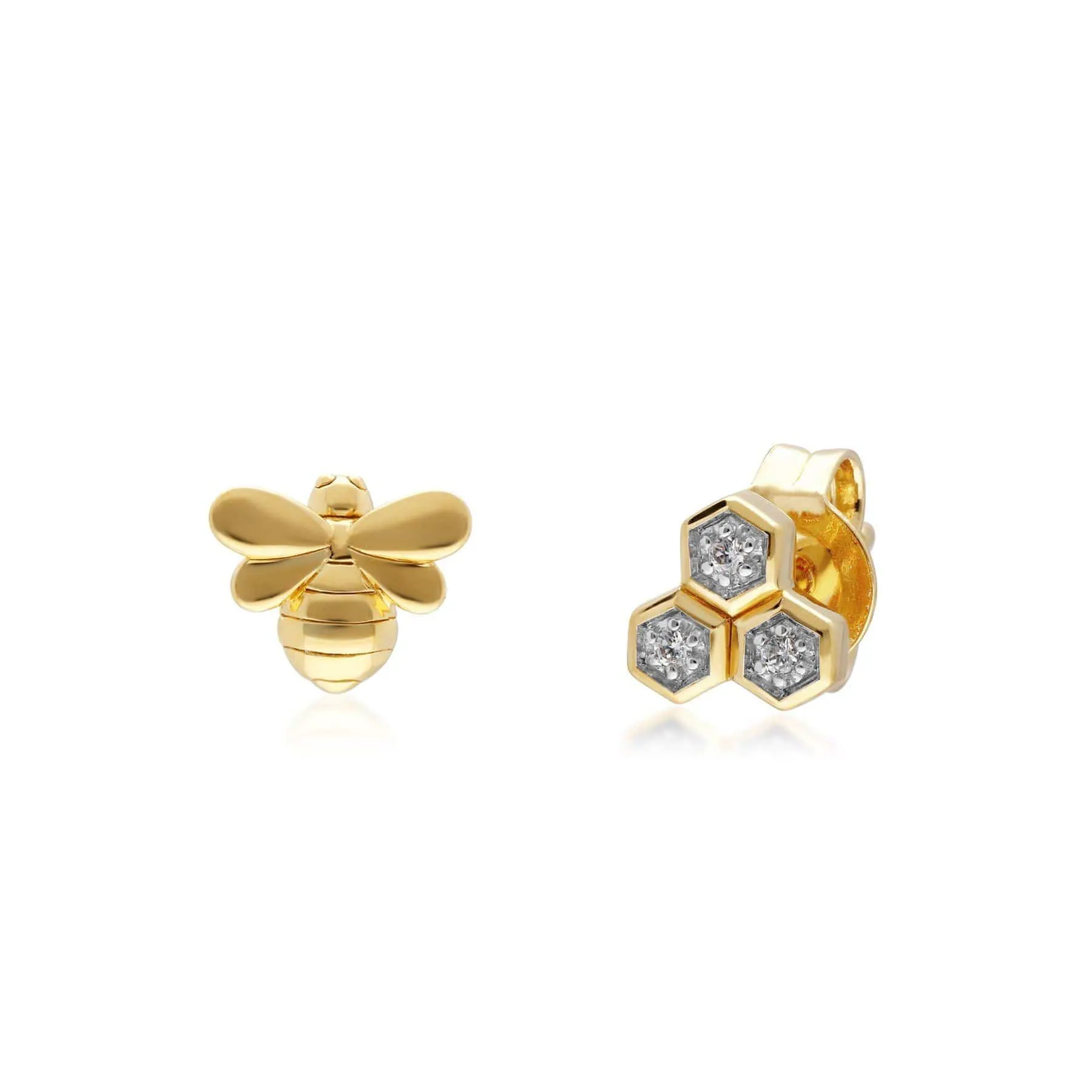 Honeycomb Inspired Mismatched Diamond Bee Earrings in 9ct Yellow Gold sold by Gemondo Jewellery