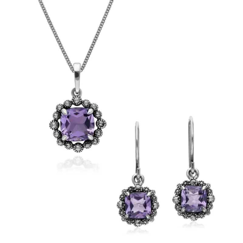 Art Deco Style Cushion Amethyst & Marcasite Cushion Drop Earrings & Necklace Set in 925 Sterling Silver sold by Gemondo Jewellery