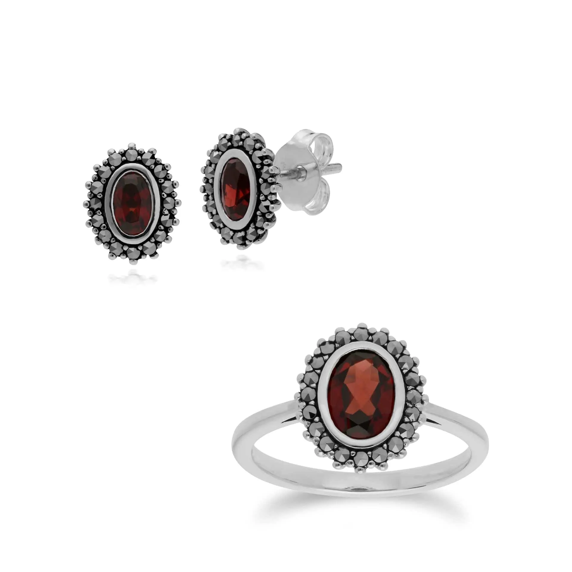 Art Deco Style Oval Garnet & Marcasite Halo Stud Earrings & Ring Set in 925 Sterling Silver sold by Gemondo Jewellery