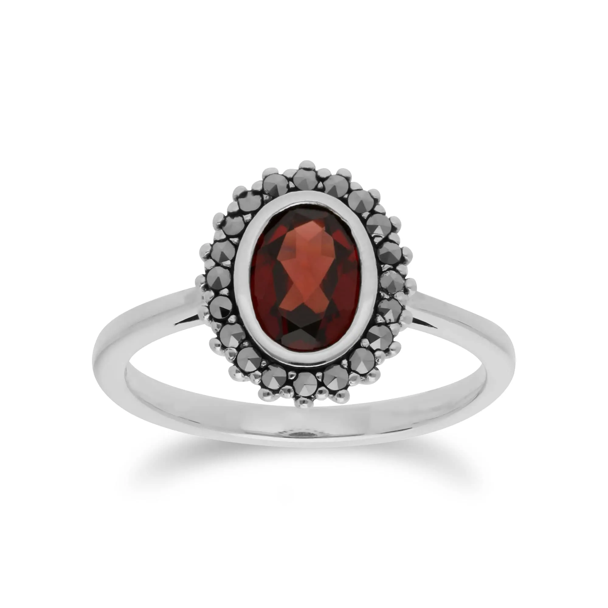 Art Deco Style Oval Garnet & Marcasite Halo Stud Earrings & Ring Set in 925 Sterling Silver sold by Gemondo Jewellery product image thumbnail 3