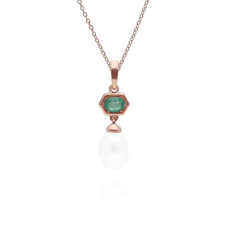 Modern Pearl & Emerald Hexagon Drop Pendant in Rose Gold Plated Silver sold by Gemondo Jewellery