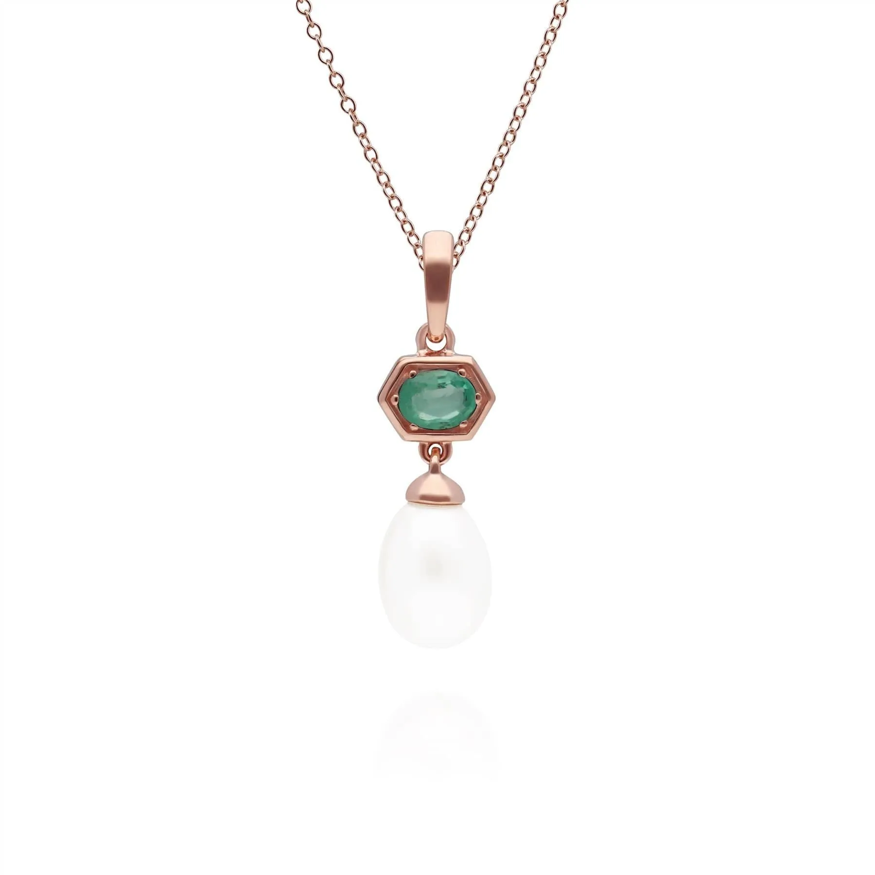 Modern Pearl & Emerald Hexagon Drop Pendant in Rose Gold Plated Silver sold by Gemondo Jewellery