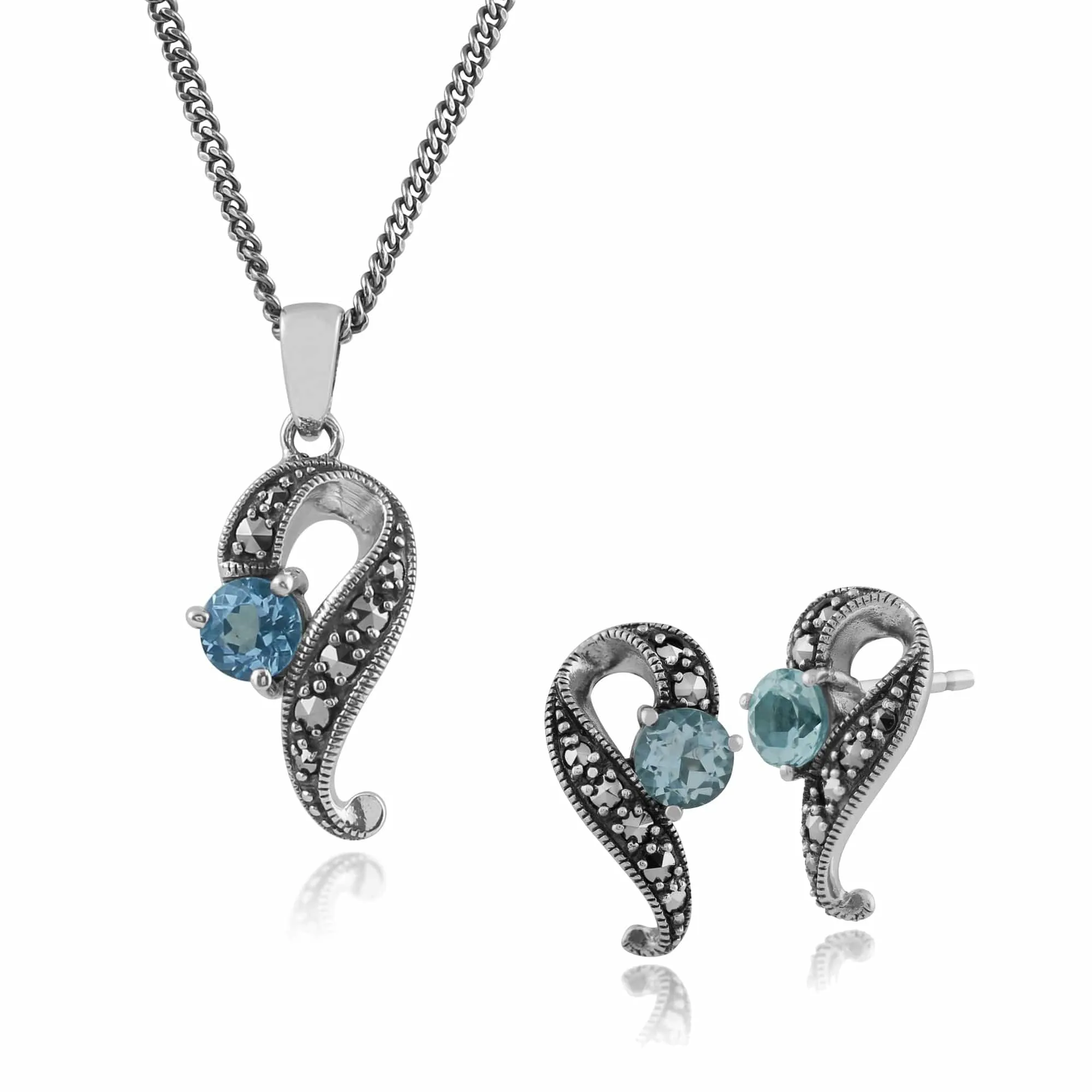 Art Nouveau Style Blue Topaz & Marcasite Twisted Stud Earrings & Pendant Set in Sterling Silver sold by Gemondo Jewellery