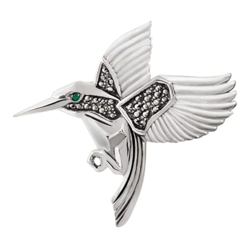 Art Nouveau Style Round Marcasite Hummingbird Brooch in 925 Sterling Silver sold by Gemondo Jewellery