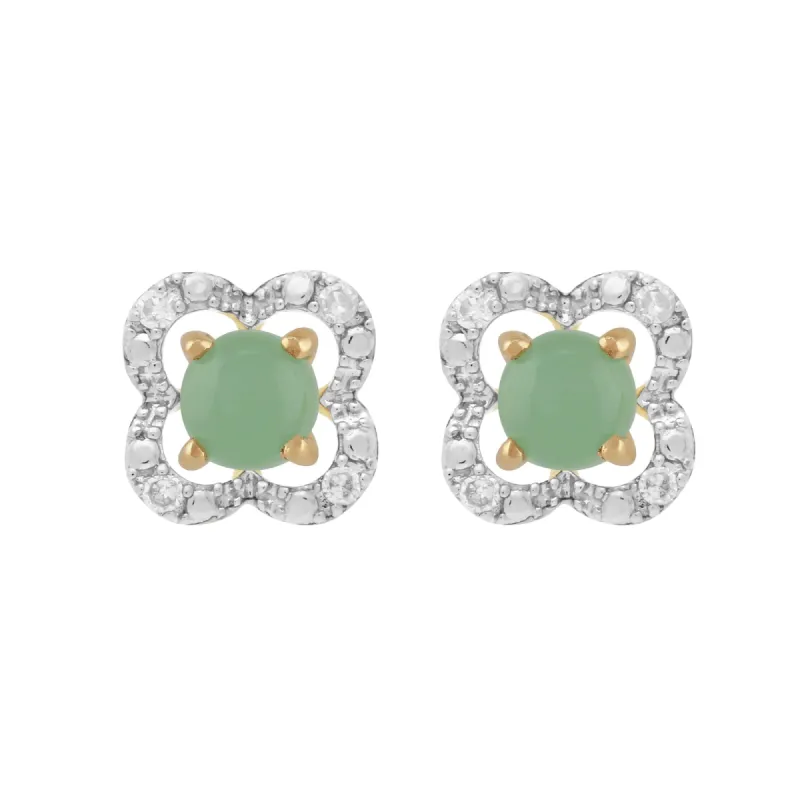 Classic Round Jade Stud Earrings with Detachable Diamond Floral Ear Jacket in 9ct Yellow Gold sold by Gemondo Jewellery