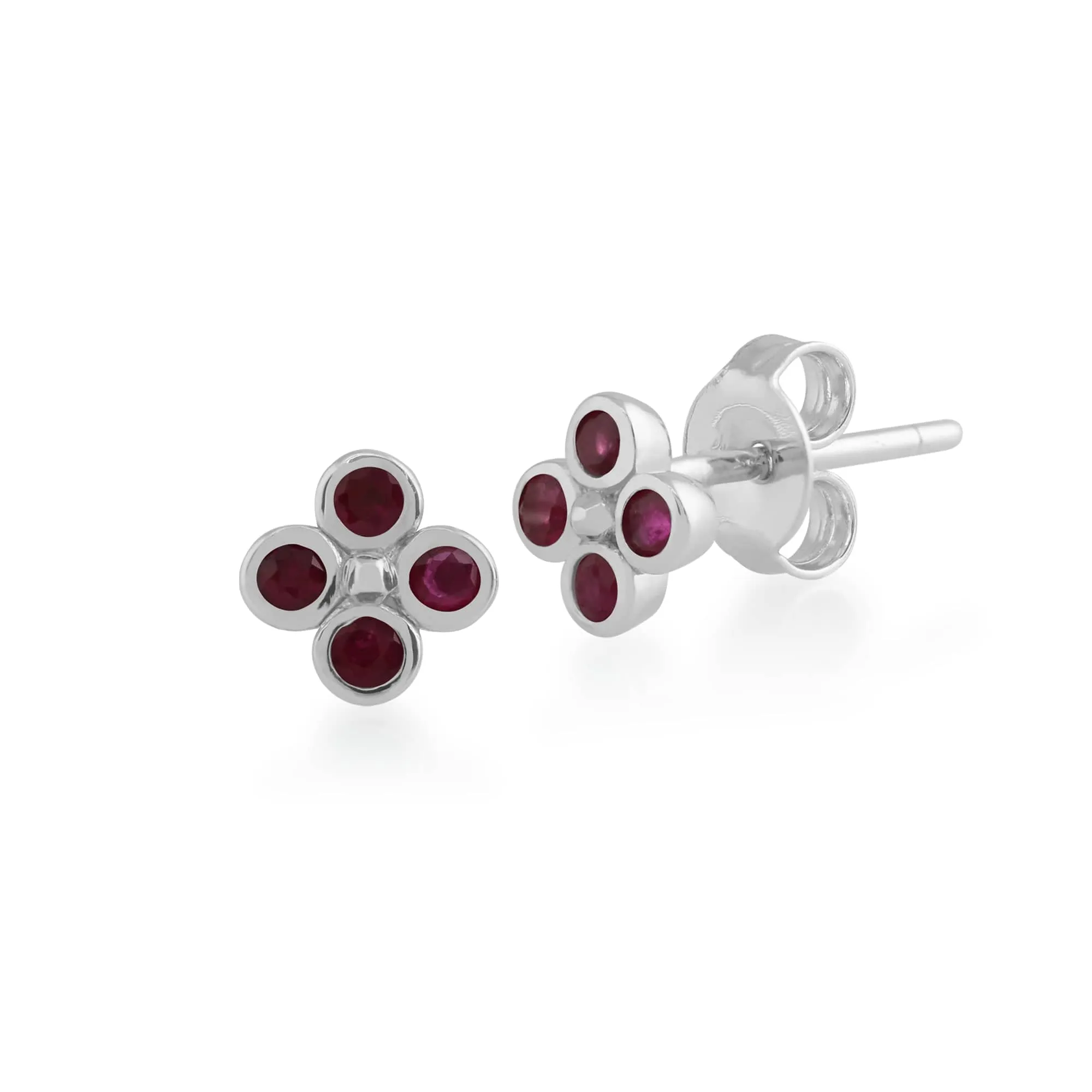 Floral Round Ruby Bezel Set Clover Stud Earrings in 925 Sterling Silver sold by Gemondo Jewellery