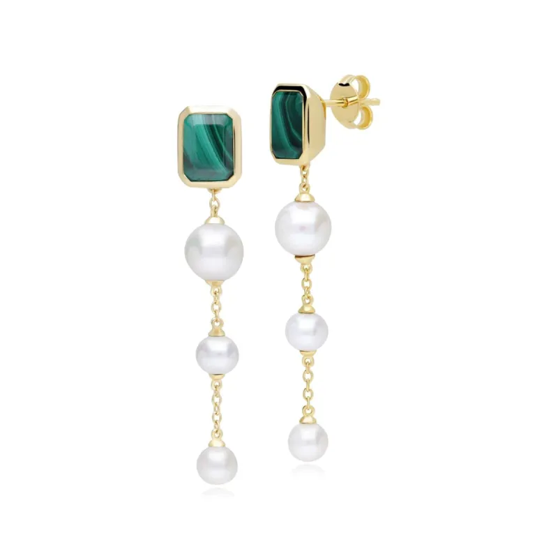 ECFEW™ Unifier Malachite & Pearl Dangle Drop Earrings In Yellow Gold Plated Silver sold by Gemondo Jewellery