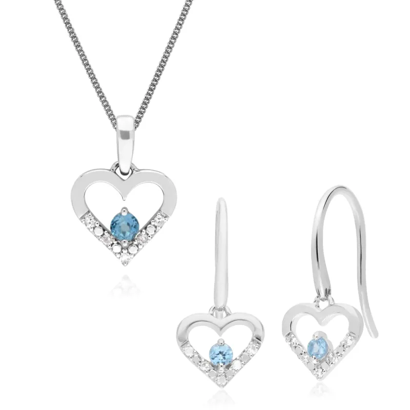 Classic Round Blue Topaz & Diamond Heart Drop Earrings & Pendant Set in 9ct White Gold sold by Gemondo Jewellery