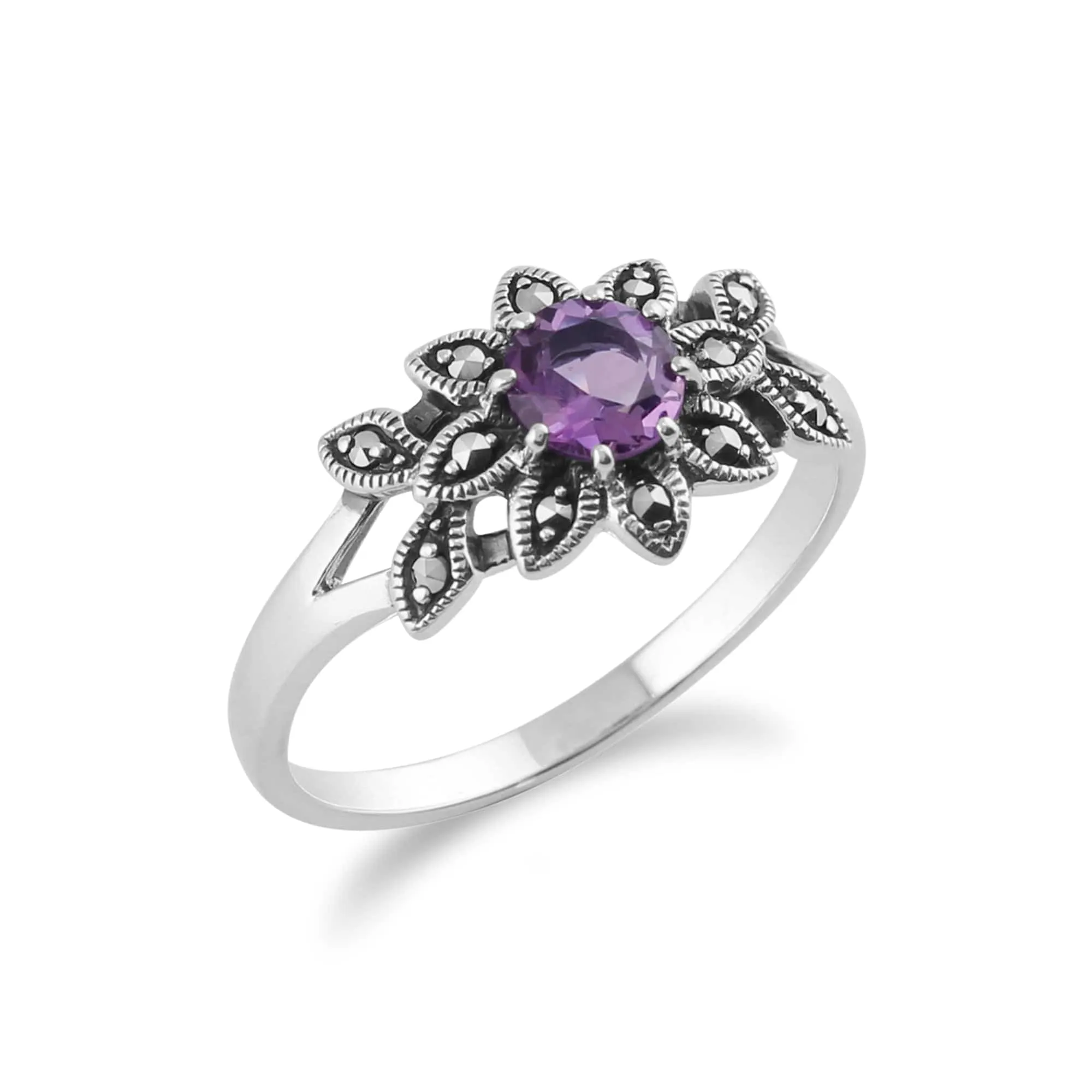 Art Nouveau Style Round Amethyst & Marcasite Floral Ring in 925 Sterling Silver sold by Gemondo Jewellery product image thumbnail 2
