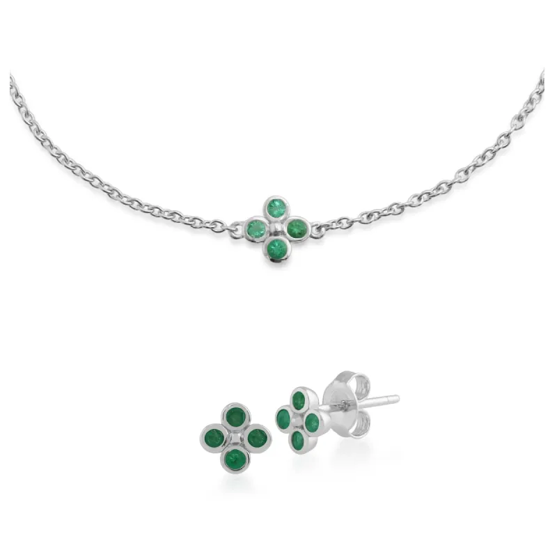 Floral Round Emerald Clover Stud Earrings & Bracelet Set in 925 Sterling Silver sold by Gemondo Jewellery