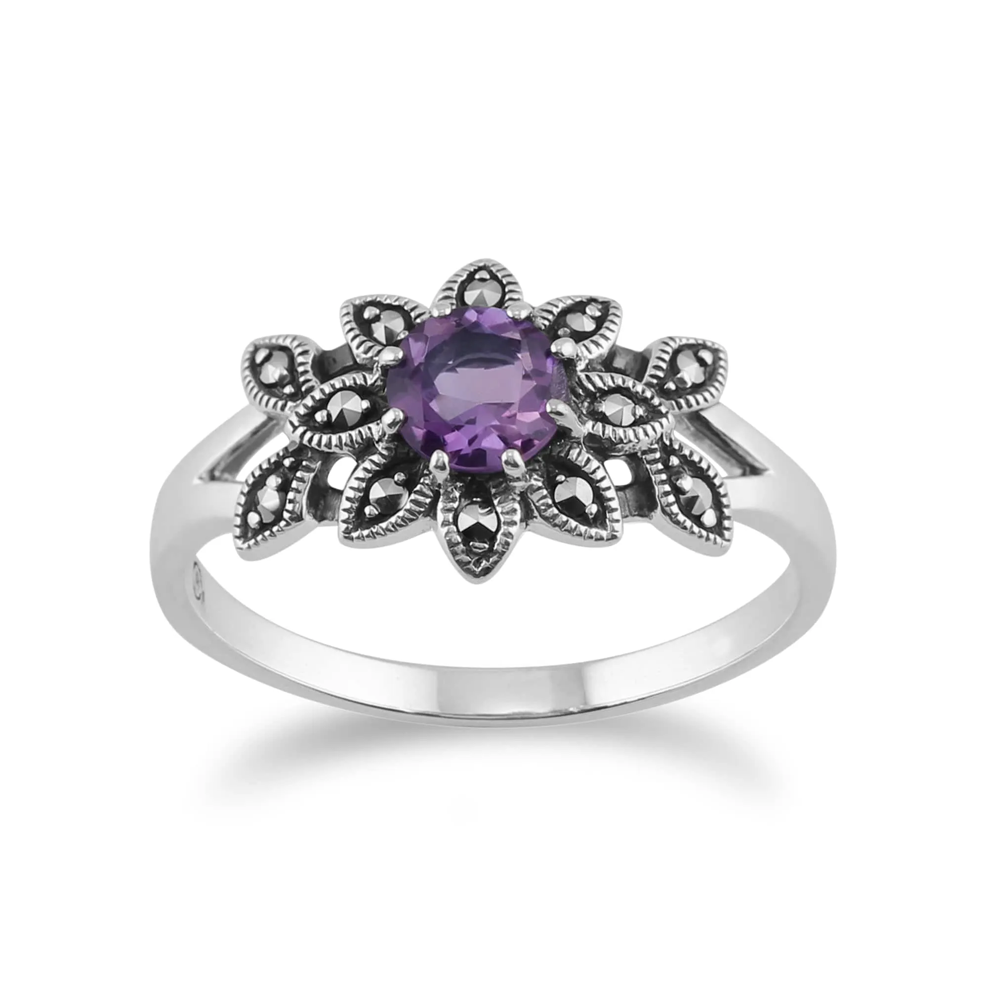 Art Nouveau Style Round Amethyst & Marcasite Floral Ring in 925 Sterling Silver sold by Gemondo Jewellery