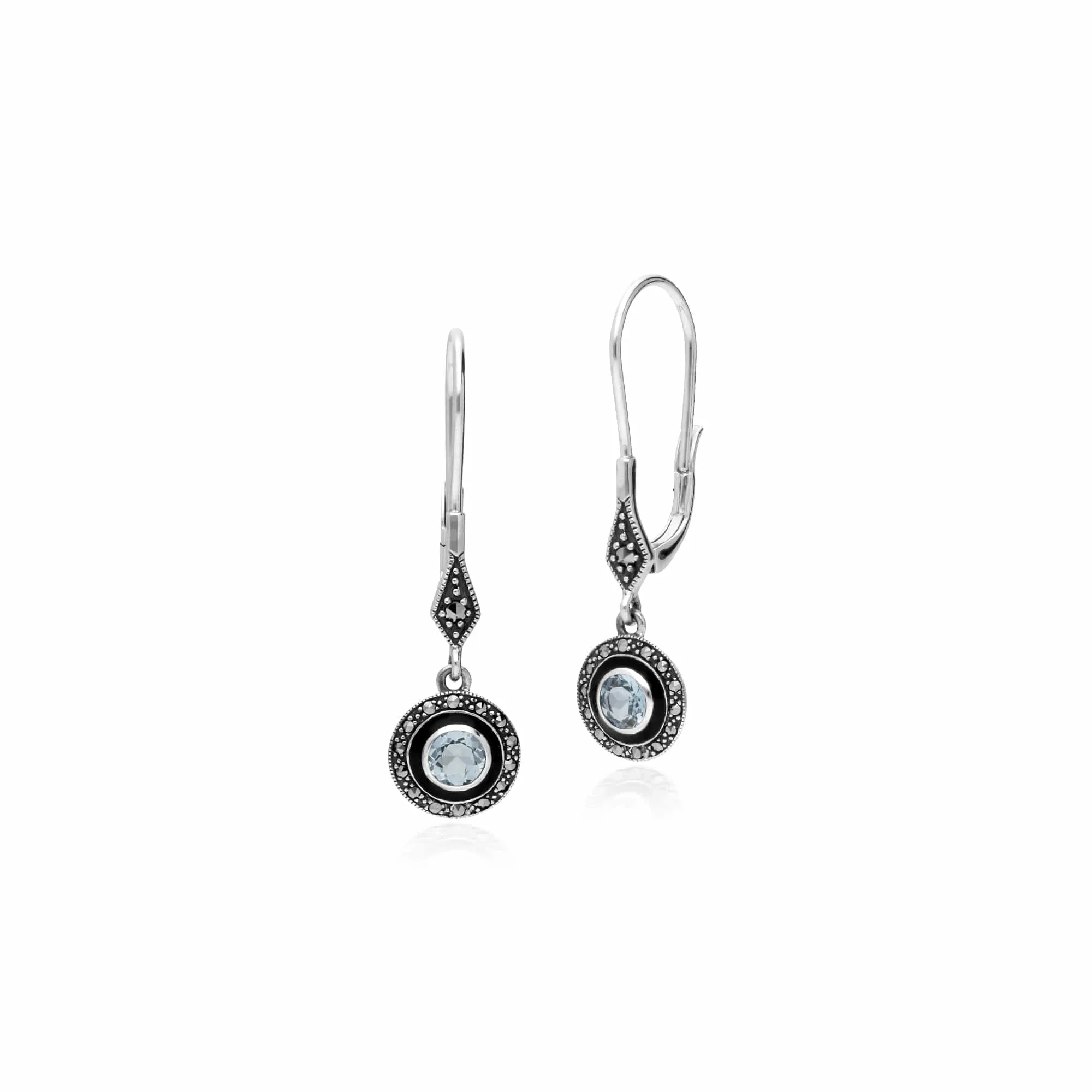 Art Deco Style Round Blue Topaz, Marcasite & Black Enamel Drop Earrings & Pendant Set in 925 Sterling Silver sold by Gemondo Jewellery product image thumbnail 2