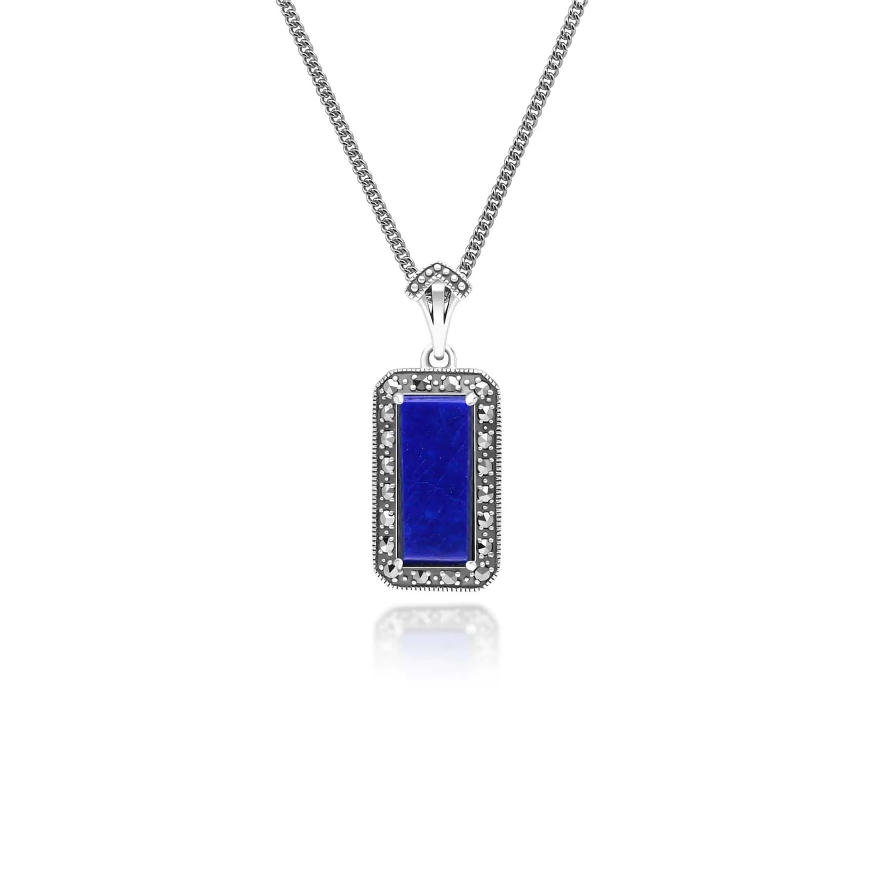 Art Deco Style Octagon Lapis Lazuli and Marcasite Pendant Necklace in Sterling Silver sold by Gemondo Jewellery