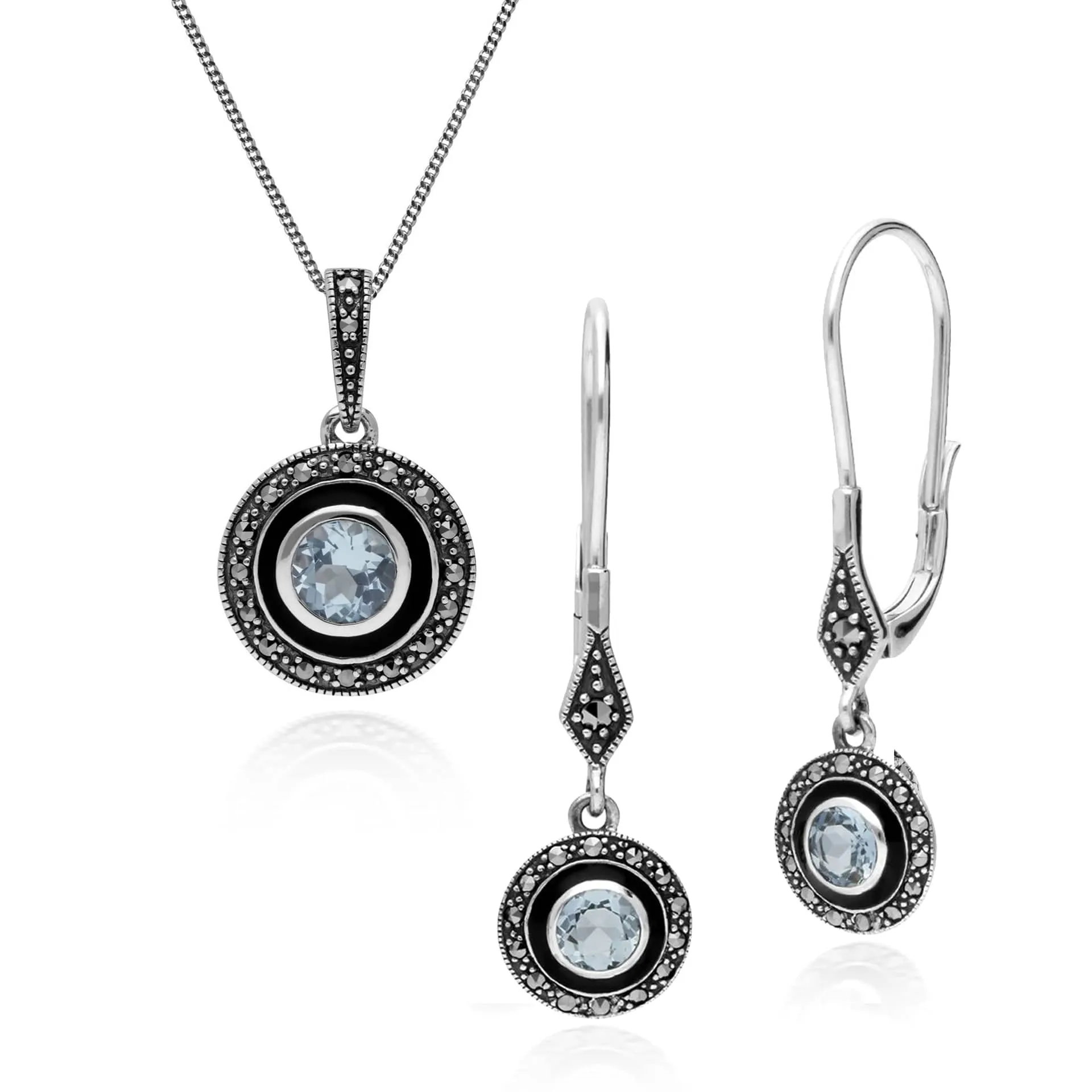 Art Deco Style Round Blue Topaz, Marcasite & Black Enamel Drop Earrings & Pendant Set in 925 Sterling Silver sold by Gemondo Jewellery