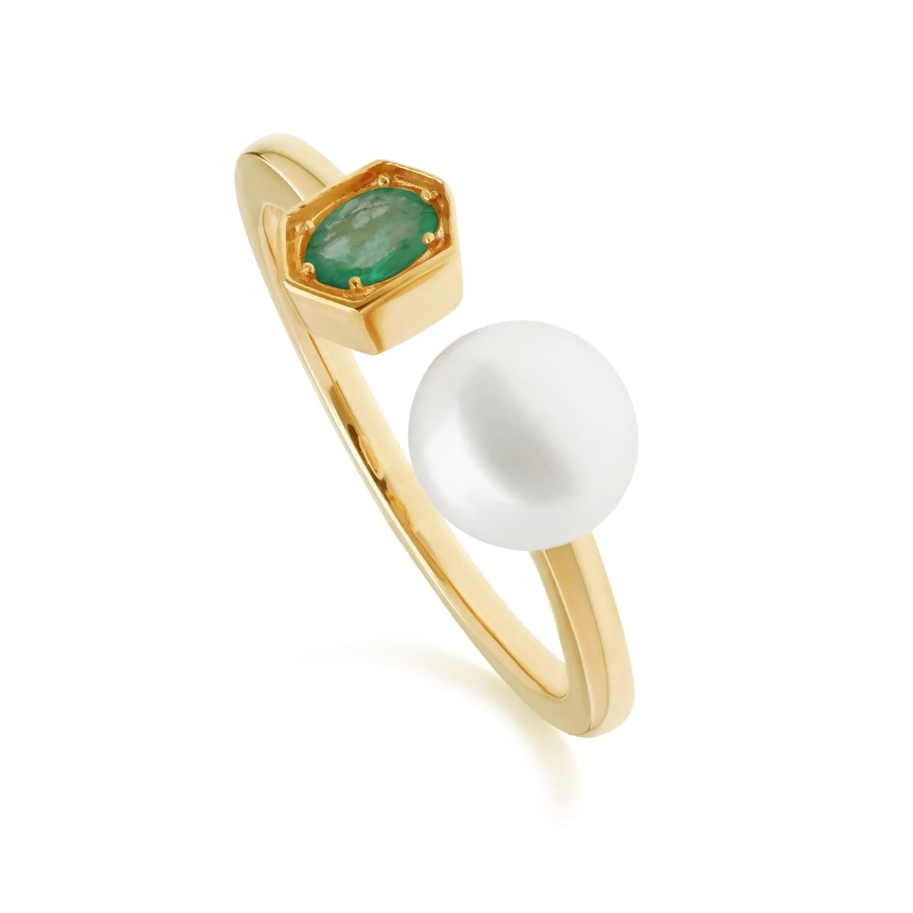Modern Pearl & Emerald Open Ring in Gold Plated Silver sold by Gemondo Jewellery
