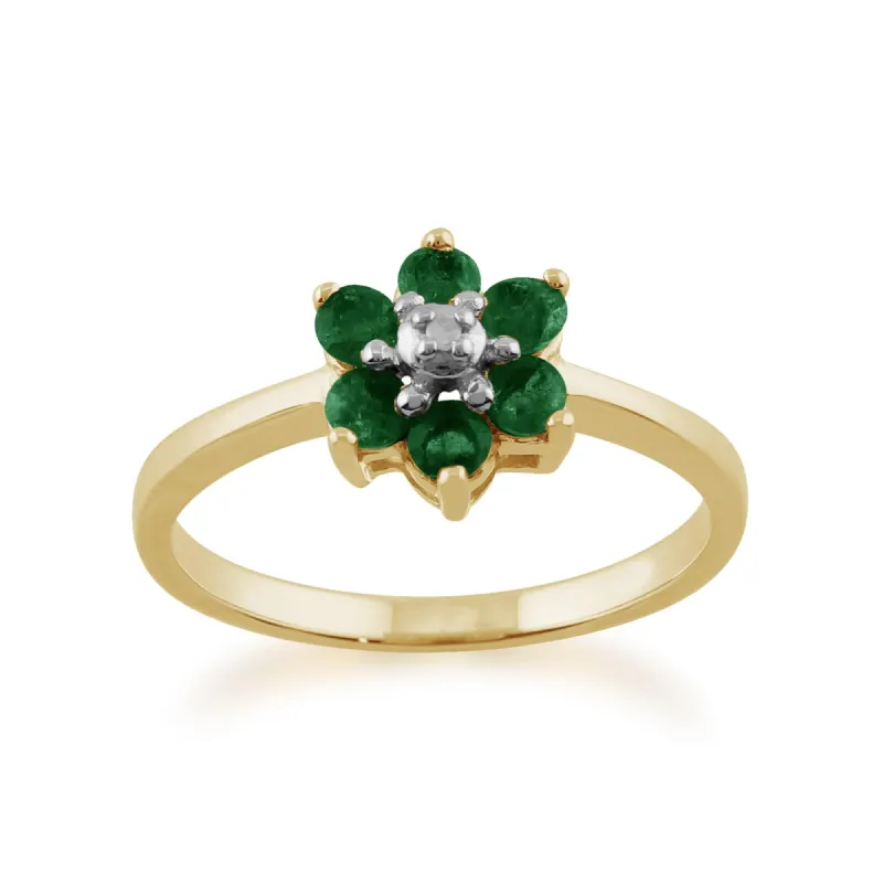 Floral Round Emerald & Diamond Cluster Ring in 9ct Yellow Gold sold by Gemondo Jewellery