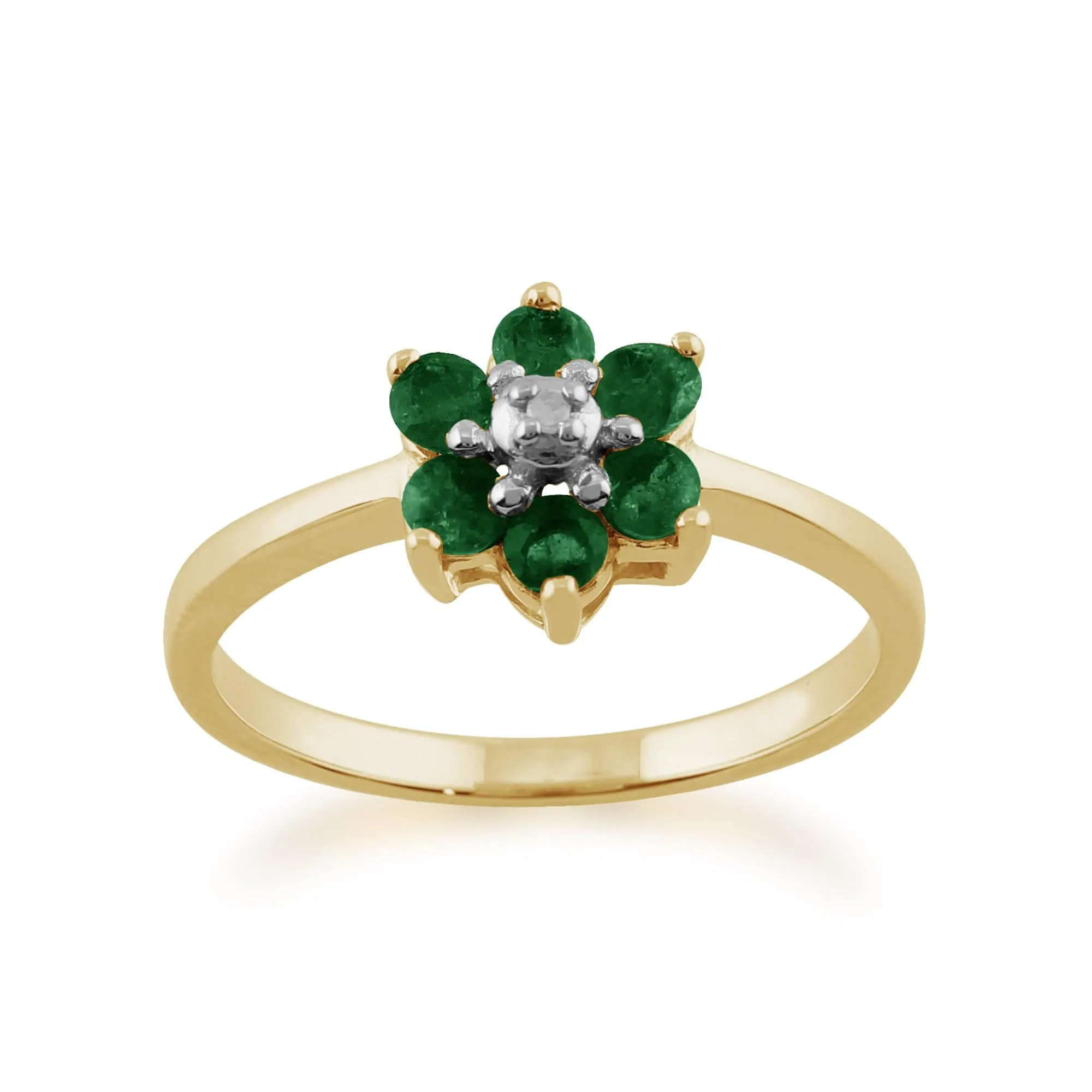 Floral Round Emerald & Diamond Cluster Ring in 9ct Yellow Gold sold by Gemondo Jewellery