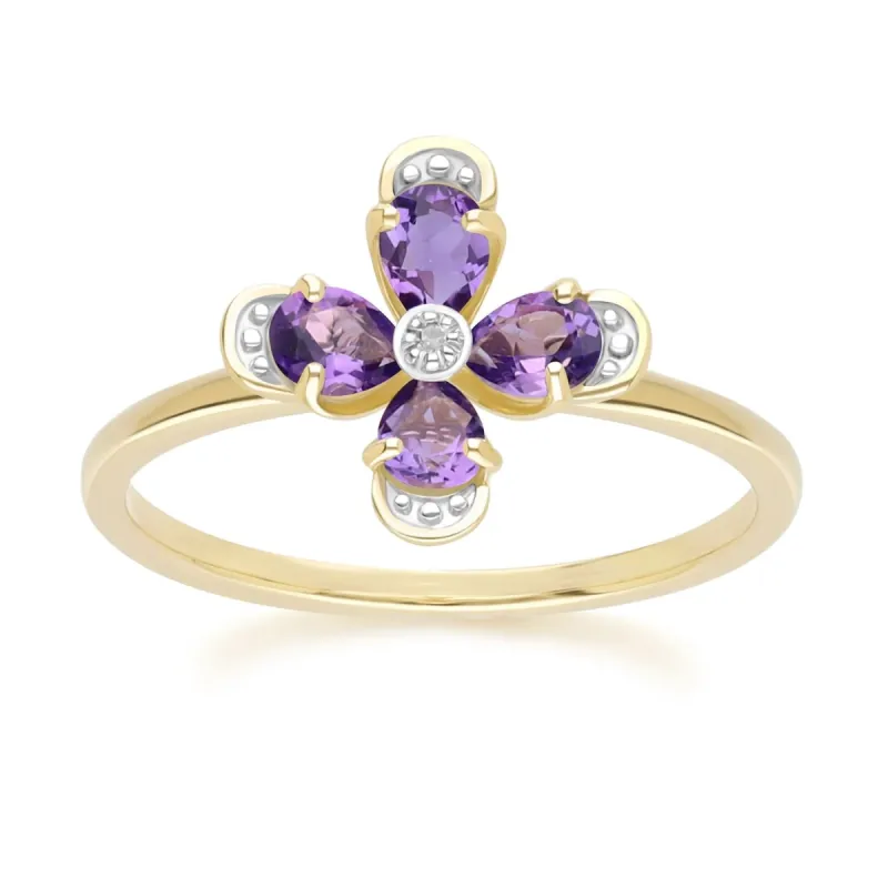 Floral Amethyst & Diamond Ring in 9ct Yellow Gold sold by Gemondo Jewellery