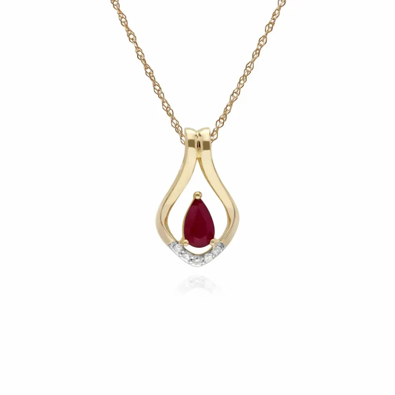 Classic Pear Ruby & Five Diamond Leaf Halo Pendant in 9ct Yellow Gold sold by Gemondo Jewellery